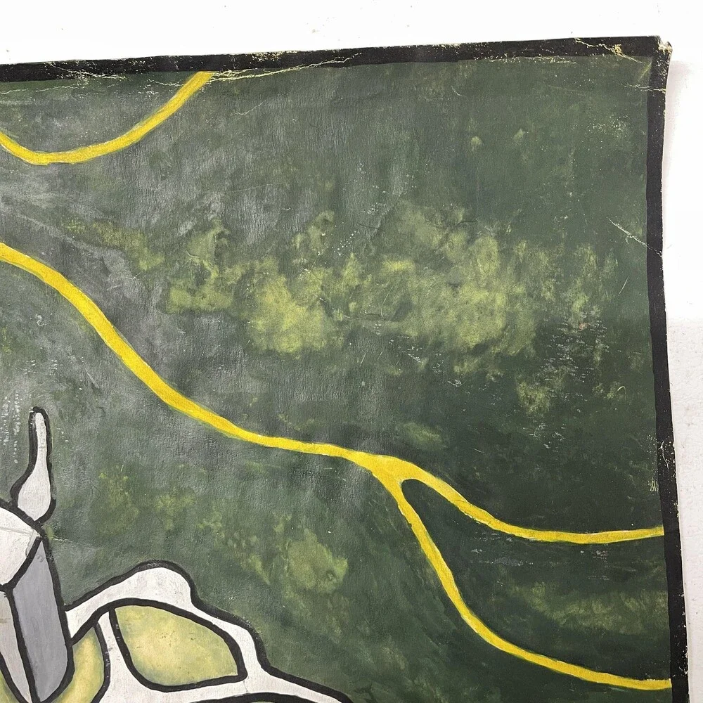 Vintage 1968 Abstract Nature Landscape Drawing Green Yellow Medium Original